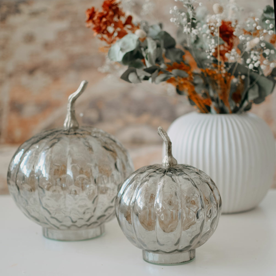Őszi dekoráció - tök - üveg - 19 cm