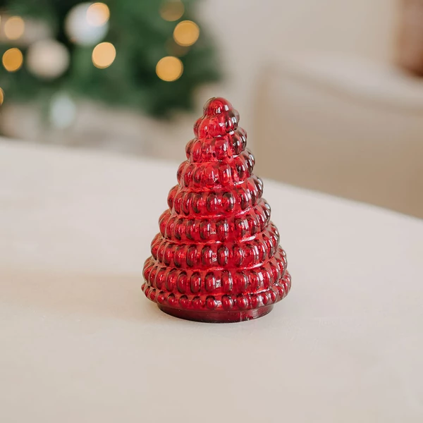 Karácsonyi dekoráció - üveg fenyő - piros gömbölyű - 12 cm