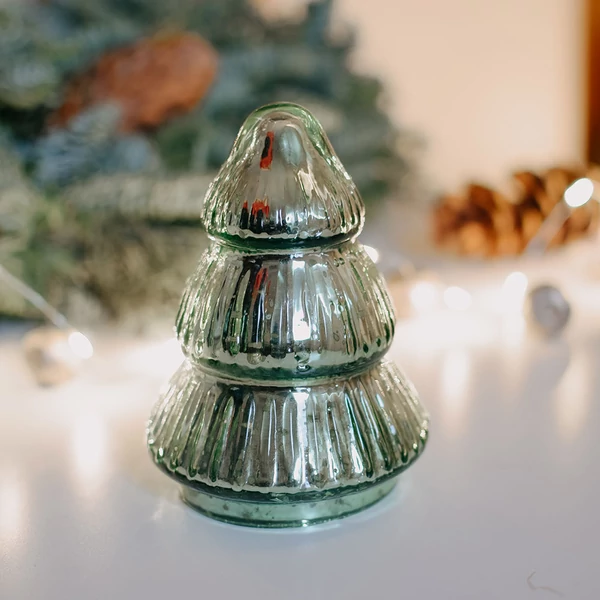 Karácsonyi dekoráció - üveg fenyő - zöld bordás - 12 cm