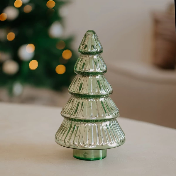 Karácsonyi dekoráció - üveg fenyő - zöld bordás - 20 cm