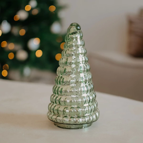 Karácsonyi dekoráció - üveg fenyő - zöld gömbölyű - 20 cm