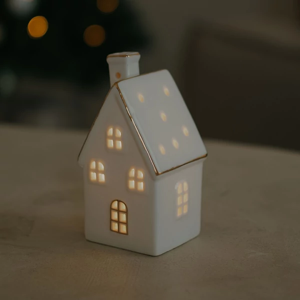 LED házikó - porcelán - arany körvonalakkal - 12 cm