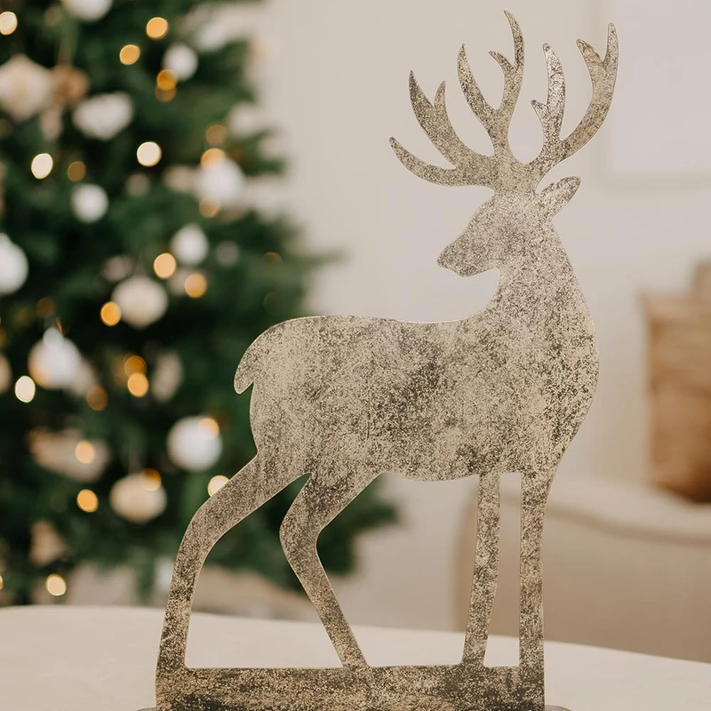 Karácsonyi dekoráció - óriás fém szarvas - vintage arany - 38 cm